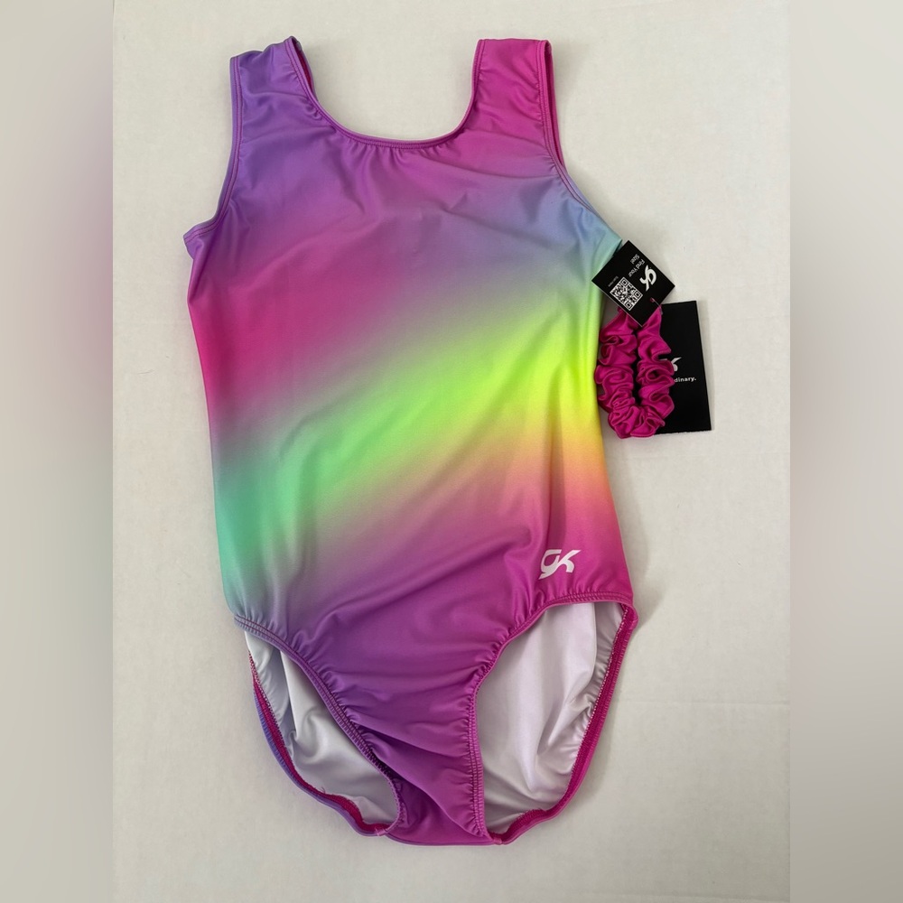 New! GK Gymnastics Adult Leotard+Scrunchie Purple Rainbow Elite Sportswear
